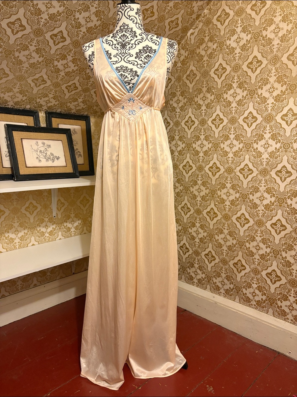 Vintage Peach Satiny Long Nightgown with Blue Trim